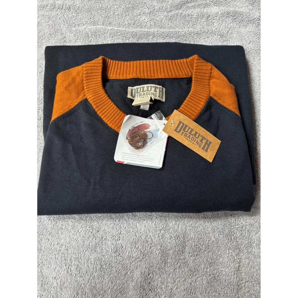 Duluth Trading Co Mens Rocket Science Baseball Crew Sweater Navy Orange 3XL